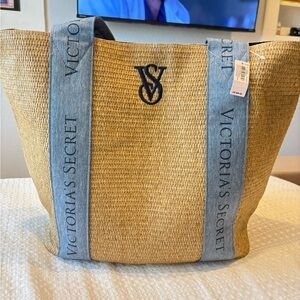 Victoria's Secret Straw Tote with Blue Straps